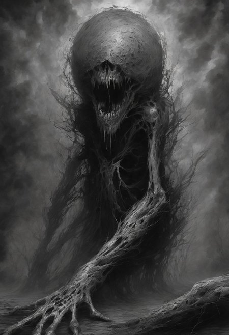 Eldritch abomination, amorphous shapes, chaotic forms, unsettling textures, whispers from the void, haunting emanations, shadowy depths, incomprehensible horror, eerie, otherworldly, grotesque amalgamations
