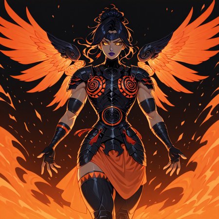 masterpiece, best quality, newest, absurdres, highres,  AGPV1.1, black background, orange theme,
1girl, nemesishades-IL.V1.0 lipstick, purple lipstick, yellow eyes, black hair, muscular female, armor, nemesis armor, floating wings