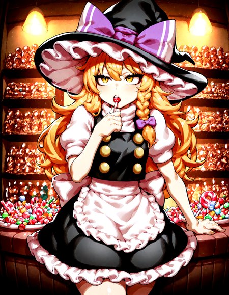 1girl ,kirisame_marisa , CHRC4ND7,  candy, detailed background,
,Fishine, dekosukentr, ireading:0.7,
ï¼masterpiece, best quality, newest, absurdres, highres,
<lora:illustrious_noobai_epsilon_pred_1_best_quality_v1:0.4> ,<lora:illustrious_noobai_epsilon_pred_1_masterpieces_v1:0.4>, <lora:illustrious_noobai_epsilon_pred_11_very_aesthetic_v1:0.4>, <lora:ponyv5_noobV065S_1_adamW:0.6>, <lora:add-detail-xl:0.4>, <lora:GEN(illust) 0.2v:0.6>,<lora:cfg_scale_boost:0.4>, <lora:Christmas_Candy:1>