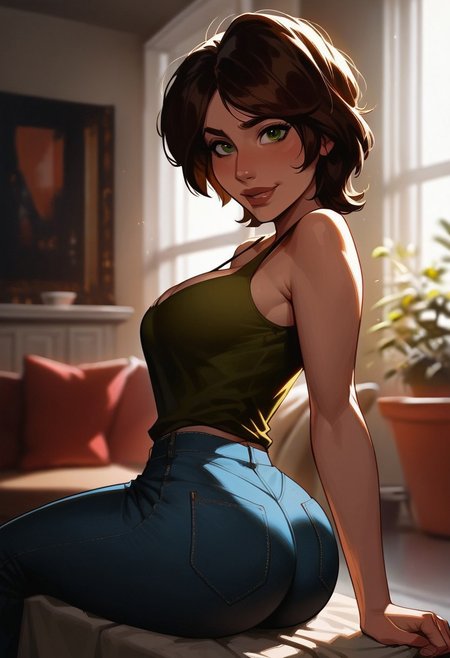 score_9, score_8_up, score_7_up, score_6_up, 1girl, solo, source_cartoon, source_western, dramatic, cinematic, raw, photo, focus macro shot, bokeh effect, bashful blash, depth of field, cass, Aunt Cass Hamada, milf, adorable woman, sexy, brown hair, short hair, green eyes, medium breasts, green sleeveless shirt, cleavage, jeans, looking viewer, smiling, living room, garden with swimming pool, looking back at viewer, ass, ass focus