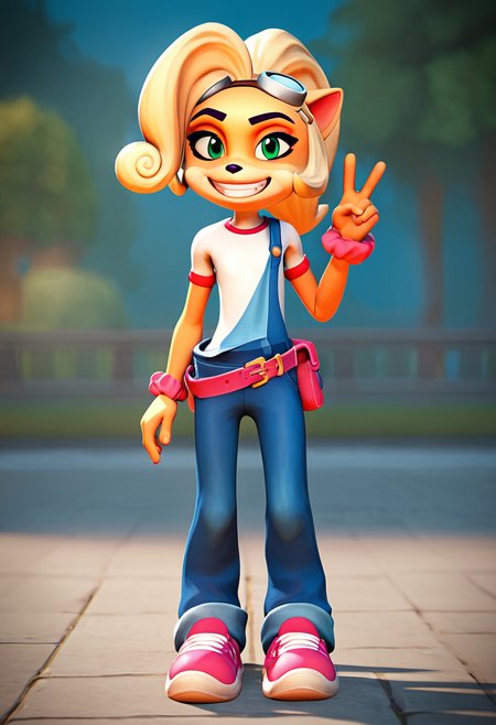 PonyXLV6_Scores,source_anime,masterpiece,best quality, highly detailed, perfect anatomy,amazing quality,3d,
BREAK
 <lora:coco:0.8>coco, overalls, smile, solo, 1girl, teeth, grin, happy, goggles, shirt, green eyes, v, shoes, full body, furry, looking at viewer, white shirt, animal ears, blue overalls, hand up, pink footwear, flat chest, furry female, short sleeves, blue background, standing, eyewear on head, belt, blonde hair, goggles on head, pouch, ponytail, wrist scrunchie, artist name, blurry background, scrunchie, sneakers, red footwear, body fur, makeup, animal nose, blurry