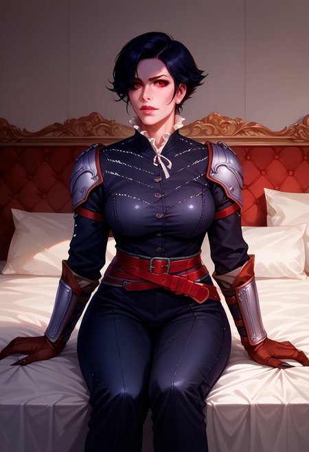 score_9, score_8_up, score_7_up, source_western,  sylvia anna, syanna, sitted at palace couch, silver shoulder armor, silver gauntlet, opened black suits, with massive large breasts exposed, massive boobs bursting out,  ((black short hair)), parted hair style, combed hair, (strong Jawline),  closed mouth, pale wide lips, vampire, beautymark, multiple belts, gloves, bracer,  sitting, looking at viewer, frills, red eyes. Comics art style, Castlevania art style, realistic.