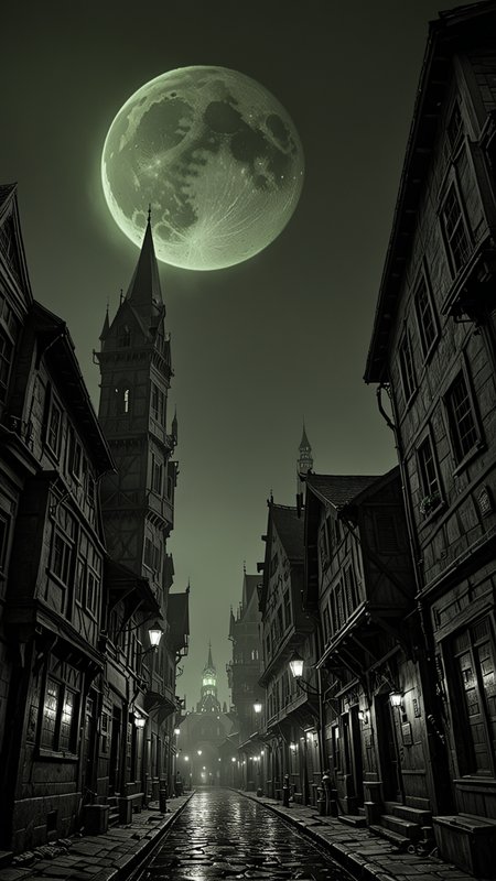The city of yharnam, oil painting, Green moon, realistic, extreme detail, scary, terrifying, dark and warm environment, From Below, 8k, Epic, (Use Dream Diffusion Secret Prompt),  <lora:Black__White_One_Accent_Color_-_By_Dice:1>, (Black and white image, Green Accent), UHD