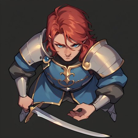(((detailed, beautiful, high quality))), score_9, score_8_up, score_7_up, solo, 
dndt0ken, top down view, from above,
1 boy, male focus, red hair, blue eyes, armor, 
(looking at viewer:1.2), Holding a sword,
black background, standing
