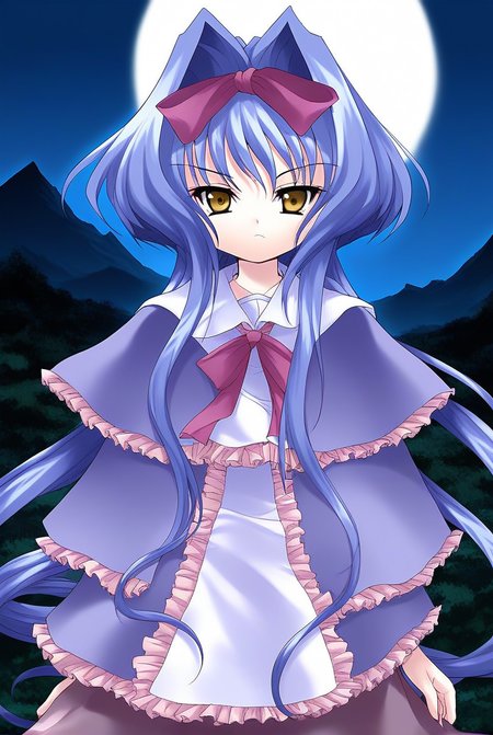 score_9, score_8_up, score_7_up, source_anime, rating_explicit, BREAK  <lora:Shion_IES_Ver2.0_XL:1> Shion_IES, very long hair, blue hair, hair bow, hair intakes, brown eyes, short stack,
 solo, bow, upper body, capelet, frills, yellow eyes, hair ribbon, looking at viewer,
serious face,
full moon, night, scenery, sky, outdoors, night sky, mountain, nature