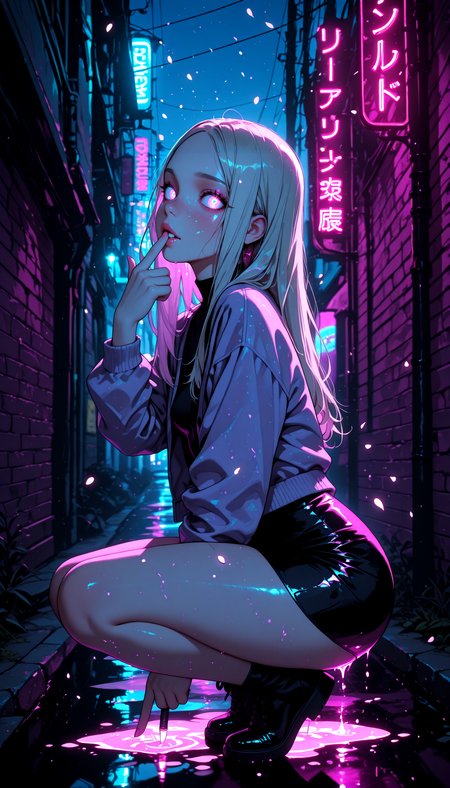 IllusP0s, NLSTN, glowing, dark, ImHigh, masterpiece, best quality, amazing quality, high-resolution, detailed skin, vibrant colors,
1girl, lipstick, makeup, nose, lips, detailed face, small breasts, thick thighs, long hair, straight hair,
wearing a lavender bomber jacket over a cyan microdress with side slits, crouching low with her pointer finger in from of her mouth, turning her head to look at the viewer, "SSSHHHH" gesture, from side, 
lavender and cyan neon lights, streetlight reflections in a puddle, glowing petals falling slowly, very aesthetic, absurdres, newest, (scenery, volumetric lighting),  <lora:Urban_Fantasy_Waifu:0.5> <lora:NLSTN:1>