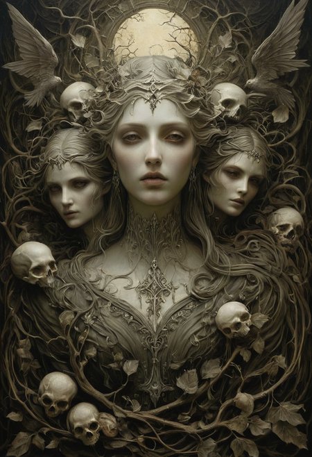 WhiteMold, 
Symbolist art, haunting beauty, rich textures, muted color palette, allegorical figures, emotional intensity, detailed realism, gothic undertones, nature symbolism, dark romanticism, classical portraiture, intricate details, melancholic atmosphere, expressive faces, layered meaning