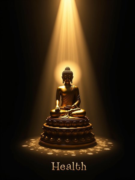 Revised Poster Design Concept: Golden Buddha Statue in Light and Shadow
Overall Style:

Dramatic Contrast: The poster will emphasize the interplay of light and darkness, showcasing the golden Buddha statue illuminated against a dark background.
Buddha Statue Design:

Pose: The Buddha will be depicted in a classic seated pose with a serene expression, embodying inner peace and wisdom.
Material Effect: The statue will have a polished, reflective gold finish that captures and amplifies light, creating a divine glow.
Background Design:

Dark Ambiance: The background will be predominantly dark—deep blacks and dark blues—to create a somber yet powerful atmosphere.
Illuminated Aura: The Buddha will be surrounded by a soft, radiant light that breaks through the darkness, casting a warm golden glow.
Light and Shadow Effects:

Directional Lighting: Focused light beams will create dramatic highlights and shadows on the statue, emphasizing its features and adding depth.
Radiant Buddha Light: The light emanating from the Buddha will create a halo effect, with rays of golden light radiating outward, illuminating the surrounding darkness.
Text:

Phrase: At the bottom of the poster, include the word: "Health".
Font Style: Use a bold, elegant font in white or soft gold that stands out against the dark background for clarity and impact.
Additional Elements:

Subtle Lotus Patterns: Incorporate faint, shadowy lotus motifs at the base of the statue or in the background, symbolizing purity and awakening.
Geometric Shadows: Add delicate, intricate geometric patterns in the shadows to enhance the artistic feel without detracting from the focal point.
Overall Effect:
This poster will convey a powerful blend of spirituality and mystery through the golden Buddha statue illuminated against a dark backdrop. The focus on the word "Health" will reinforce the themes of well-being and prosperity, while the dramatic light and shadow effects will create a captivating visual experience that invites contemplation.