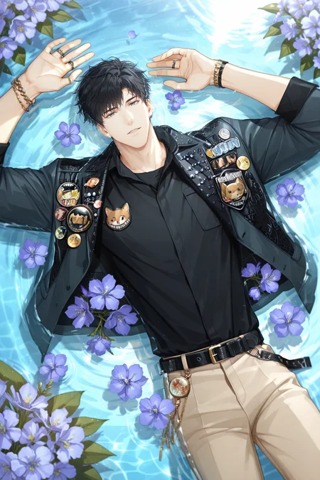 <lora:osborn-IL:0.8>,osborn,1boy, black hair, male focus, jewelry, solo, belt, pants, flower, ring, bracelet, shirt, badge, on back, jacket, looking at viewer, water, watch, short hair, lying, black belt, black shirt, wristwatch,from above,bara,male focus,very awa,masterpiece,best quality,amazing quality,nsfw,uncersored,highres,best quality,amazing quality,best aesthetic,absurdres,