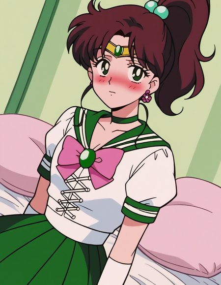 score_9, score_8_up, score_7_up, source_anime, <lora:makoto-kino-s3-ponyxl-lora-nochekaiser:1>, makoto kino, brown hair, circlet, green eyes, hair bobbles, hair ornament, medium hair, ponytail, sidelocks, parted bangs,, back bow, bow, bowtie, brooch, choker, earrings, elbow gloves, flower earrings, gem, gloves, green choker, green gemstone, green sailor collar, green skirt, jewelry, miniskirt, pink bow, pink bowtie, pleated skirt, sailor collar, shirt, short sleeves, sidelocks, skirt, white gloves, white shirt,, indoors, bed, bed room, on side, blush, drunk, looking at viewer, solo,, cowboy shot, dutch angle