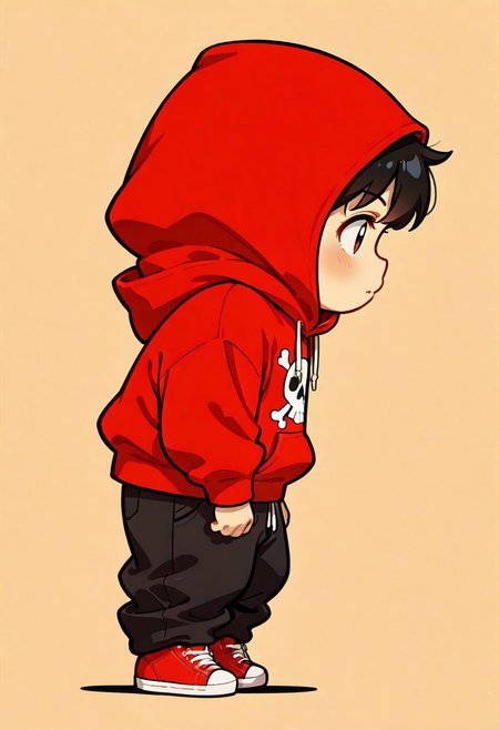 high contrast, masterpiece, best quality, amazing quality, very aesthetic, promotional art, newest, volumetric lighting, hyper detailed.
chibi, 1boy, child, profile, solo, full body, stand up, arms at sides, neutral expression, side view, red hoodies, Jolly Roger, loose pants, black pants, red sneakers, black pant, luminescent background, simple background.