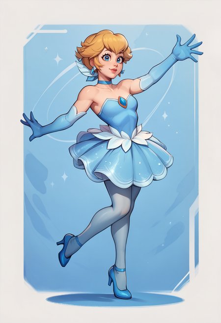 score_9, score_8_up, score_7_up, score_6_up BREAK solo,abstract background,IncrsPchSkater, short hair, pantyhose, elbow gloves, bare shoulders, choker, ballerina, blue gloves, blue dress, ballet, blue choker, tutu, strapless dress, high heels, jewelry, earrings, pose, happy <lora:PrincessPeach_XLPD:1>