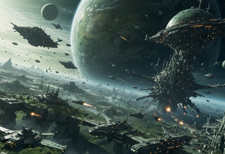 Imagine a massive intergalactic space battle, with spaceships of varying sizes.  The battle takes place above a strange green planet covered in mechanical cities.