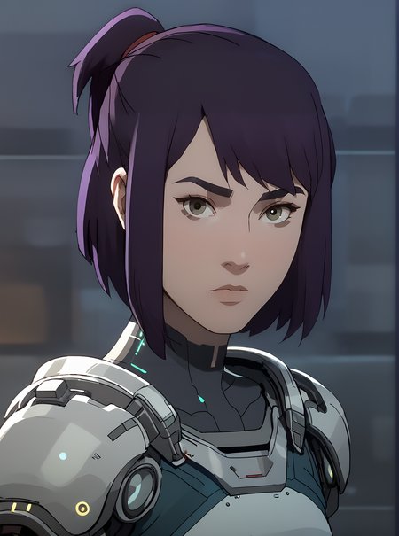 score_9, score_8_up, score_7_up, <lora:maddiekpxl:1>, maddiekpxl, 1girl, short ponytail, wearing cyber armor, tron,cartoon, western animation, looking at viewer, flat colors, outline, purple hair, grid world, bangs,