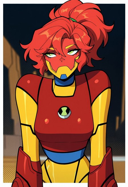 masterpiece, best quality, amazing quality, very aesthetic, absurdres, newest,, detailed background, 
 movie scene, cinematic scene, cinematic, foreground blur, depth of field, 
bloxx, robot, mecha, solo, armor, green eyes,, massive arms, upper body, 1girl, big head, massive head, short legs, yellow jaw, red face, yellow eyebrows, 
 upper body, halftone effect, white borders, abstract background:1.2, simple background
busty, curvy, sexy pose, seductive pose, naught pose, welith,
 red hair, colored bangs,