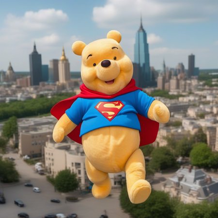 cinematic photo a liveaction fat winnie the pooh  wears a superman outfit, fly through the air over a city<lora:Winnie1024:0.8> . 35mm photograph, film, bokeh, professional, 4k, highly detailed