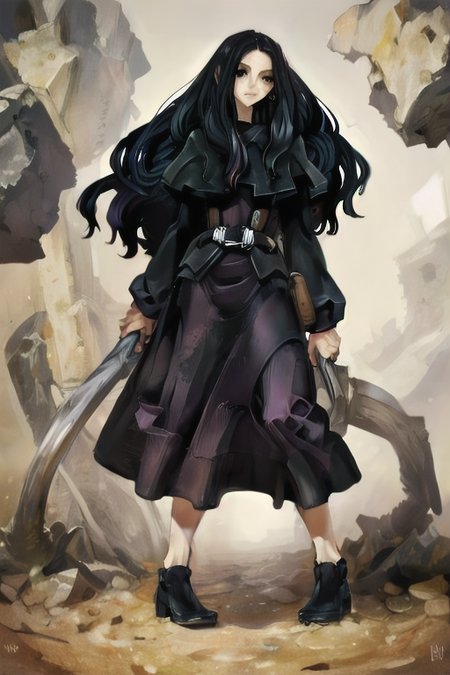 [inpainted faces] <lora:DragonsCrown-768:1>, woman standing, black hair, long hair