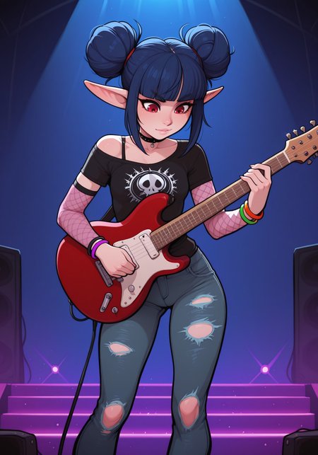 masterpiece, best quality, amazing quality, very aesthetic, absurdres, 5p4rr0w, artist style, solo, 1girl, female focus, lineless, incoth, (incase:0.6), indoors, concert, tall stage platform, lightshow, electric guitar, guitar amp, punk elf, dark blue hair, red eyes, cute face, slim, small breasts, double buns, blunt bangs, beautiful, kawaii, (short ears), concert, black shirt with fishnet arms, ripped jeans, colorful bracelets, playing guitar, high stage, dynamic pose, close up,