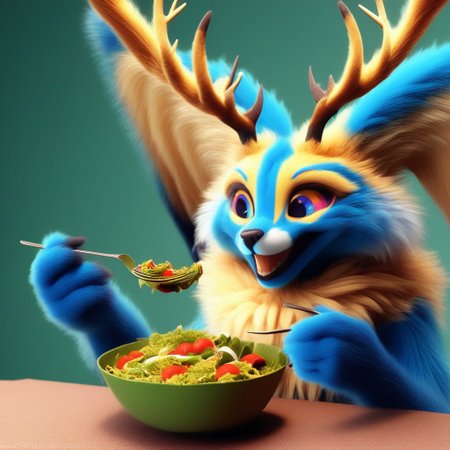 eating salad, laughing, Fecto Elfilis, blue fur, multicolored eyes, head wings, antlers, yellow fur, colored sclera, fluffy tail