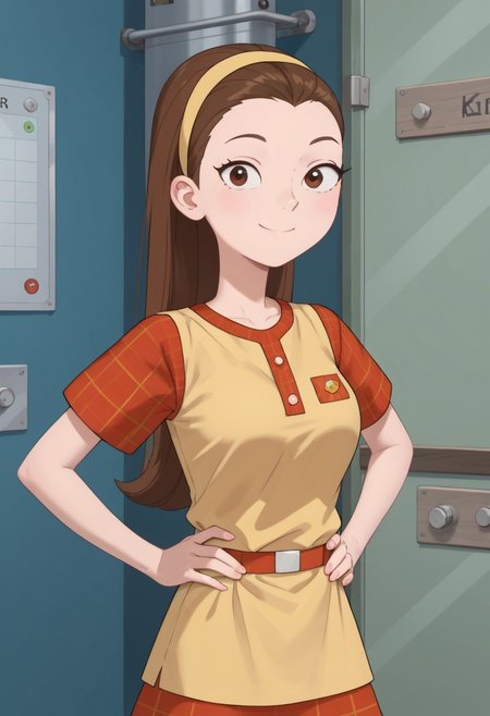 ((room background)),score_9, score_8_up, score_7_up,score_6_up, 
1girl, solo, Lydia_MML, light skin, dark brown eyes, small pointed nose, brown hair, long straight hair, light yellow headband, light yellow sleeveless sweater, red plaid undershirt, red plaid skirt, red belt, white socks, light brown sneakers, average height, cute, smile, perfect eyes, perfect smile, looking at the viewer, detailed eyes, perfect eyes, standing, big breasts (front pose, waist shot) five fingers, perfect hands, (hands on waist)