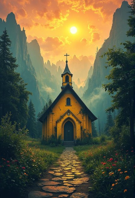 <lora:Green_cuties-000004.safetensors:1> A grainy, poorly lit image captures
A small, vibrant yellow church is situated amidst lush greenery, flanked by cobblestone path and colorful gardens. Towering mountains provide a dramatic backdrop, while an orange sky with a glowing sun adds to the mystical quality of this serene scene.