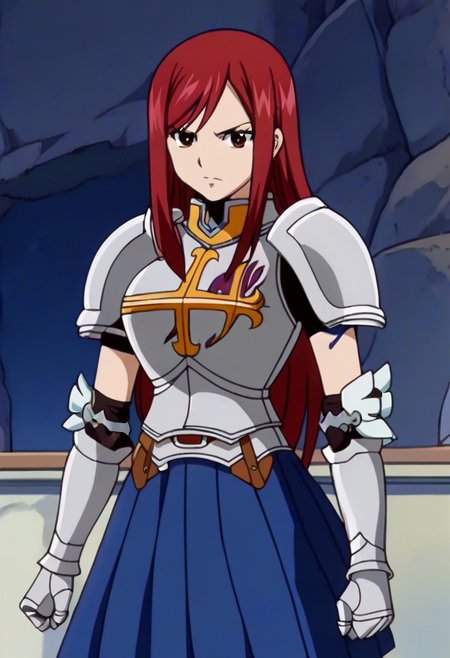 Erza_Scarlet_First, brown_eyes, red_hair, long_hair, armor, breastplate, gauntlets, blue_skirt, pleated_skirt, armored_dress, shoulder_armor,,,,,,,,,,,,,anime coloring, anime screencap, 1girl,Solo ,, anime,PUFFY nipple,huge breasts,,,official art, Uncensored ,Unedited ,,,,,,,,,,,,,,,,,,,,,,,