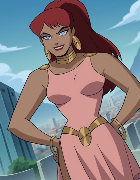 score_9, score_8_up, score_7_up, source_anime,
giganta, <lora:giganta-dcau-ponyxl-lora-nochekaiser:1>,
giganta, blue eyes, red hair, dark skin, dark-skinned female, makeup, lipstick, ponytail,
dress, jewelry, earrings, bracelet, pink dress,
outdoors, cityscape, hands on hips, smile,
looking at viewer, solo, dutch angle, cowboy shot,