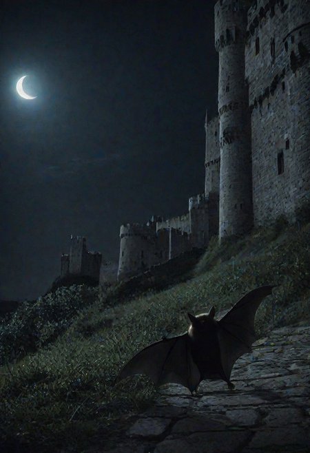 bat walking around a castle at night