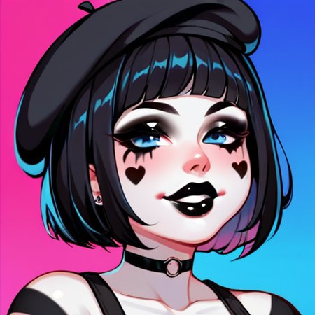 <lora:Monster_mime_girl_SDXL:0.8>,  1girl, blue eyes, short bob haircut, black hair, thick lips, black lipstick, black eyeliner, mime artist makeup, white face paint, wide hips, white skin body paint, black choker, mime artist outfit, black beret, black striped shirt, full body, black pants, black suspenders, esoteric background, happy face, score_9, score_8_up, score_7_up, score_6_up