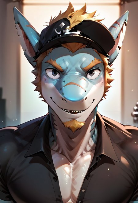 score_9, score_8_up, score_7_up, score_6_up, perfect anatomy, perfect proportions, best quality, masterpiece, high_resolution, high quality, male focus, 1boy, solo male, (Killer T Cell, blue skin, blond hair, black eyes, facial hair, beard, scar on face), (anthro male shark:1.2), shark_male, detailed scales, ((half body)), ((portrait)), ((upper body)), (no nipples), (black Killer T Cell uniform \(Cells at Work\), black collared shirt, pecs, partically open shirt, black cap, Killer T Cell cap \(Cells at Work\), earpiece, fingerless gloves), bodybuilding, massive pectoral, (black collared shirt), at the hospital, hospital background,  <lora:GonTang_Style:1>,  <lora:Detail_Tweaker:1.5>