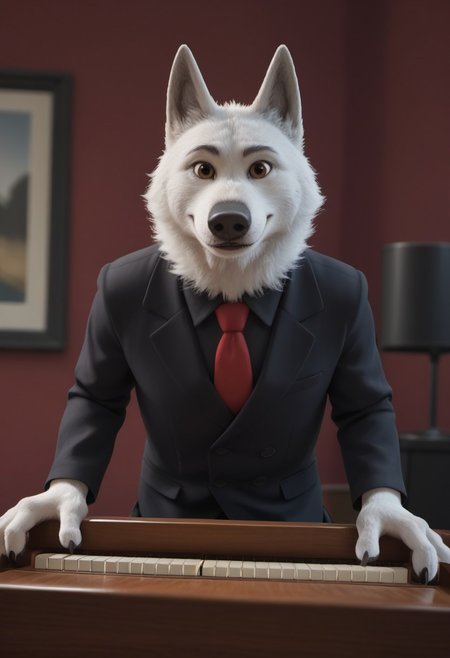 core_9, Score_8_up, Score_7_up, Score_6_up, Score_5_up, Score_4_up, detailed fur, detailed face, Gary, Wolf, Timberwolf, brown eyes, White fur, Gary, big chin, anthropomorphic wolf, solo, clothed, close to camera, blazer, black shirt, lime Red tie, long black pants, 1 boy, holding microphone, playing piano, white piano, playing  Dmitry Hvorostovsky,songs, sitting on bwhite,smile