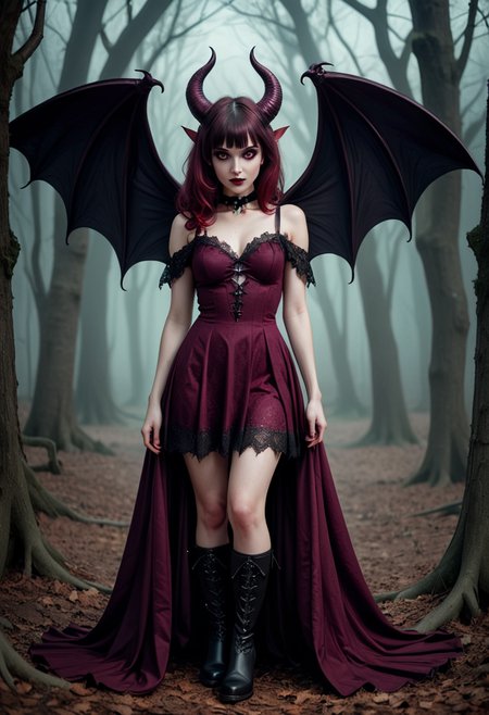(medium full shot) of (enchanting succubus with demonic horns, bat wings, demon tail) young woman, slender build, short hazel curtain bangs hair, spanish, tan skin, dark green eyes, wearing a crimson gothic dress , lace boots with sinister details, smoky eyeshadow dark plum lipstick, enchanted amulet gothic choker, set in  a mystical woodland, with ancient trees, shimmering lights, eerie stillness, and hidden glades, woman smiling, ,Masterpiece,best quality, raw photo, realistic, very aesthetic