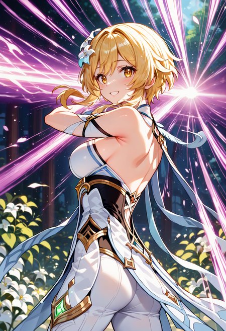 score_9, score_8_up, score_7_up, source_anime, perfect anatomy, ((outlined outlined vector graphics)), ,cute face,
1girl, lumine_\(genshin_impact\),blonde hair, hair flower, short hair, long locks, white flower,floral hair ornament,  back view ,  looking down , large  breast, slender, looking at viewer, ,focus her face,,wide shot, detailed background, outdoors,(glow eyes:0.9),fantasy,,  standing   ,  action pose ,  energy beam, openai beam, smile  ,<lora:genshin_v4:0.55>, <lora:openai-beam-003:1.0>,   (clothed:1.3),pants,
shooting a beam,red purple beam ,  ,