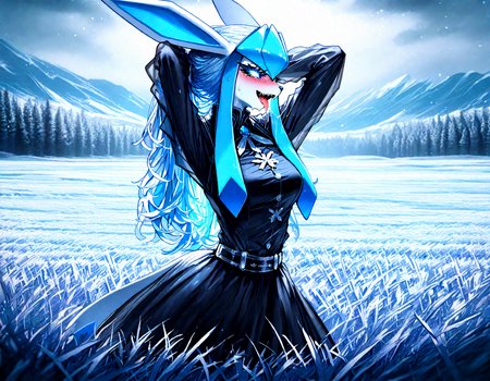 pokemon, glaceon , 1girl, ban! \(bansankan\):0.7, quasarcake:0.8, wlop:0.9, animal_ears ,animal_nose,blue_fur ,blue_hair ,blue_sclera, blue_sky ,blue skin,blue_theme, blurry, blush, body_fur, breasts,colored_sclera, cowboy_shot ,  fang, furry ,furry_female,  happy , medium breasts, looking_down , nose_blush, outdoors, personification ,pokemon_(creature),long_hair, shiny_skin ,sidelocks,sky, smile, solo ,sweat , tail ,white_eyes, long_sleeves, black_shirt ,black dress,leg_ribbon, ,
,hands behind head, arms up, squatting, tongue, tongue_out , saliva,saliva_trail ,saliva_drip ,open mouth,
snowy, snow, outdoors, field, mountain, cloudy sky, trees, fr0stwrld, ice ,
masterpiece, best quality, Good quality, very aesthetic, absurdres, newest, (Perfect details), solo,
<lora:Fr0stWrld4:0.7>, <lora:ponyv5_noobV065S_1_adamW:0.8>, <lora:illustrious_noobai_epsilon_pred_1_best_quality_v1:0.7> ,<lora:illustrious_noobai_epsilon_pred_11_very_aesthetic_v1:0.7> ,<lora:illustrious_noobai_epsilon_pred_1_masterpieces_v1:0.7>
