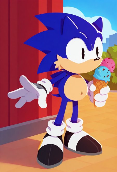 score_9, score_8, score_7, BREAK, Sonic_(series), flat color, <lora:Sonic_Channel_illu_2.5b-000019:1>, sonic channel (style), HogEXE, 1boy, rounded face, sonic the hedgehog, thin black eyes, off-white socks, off-white gloves, black shoes, small tuft belly of fur, no mouth, blue fur, two tone fur, outdoors, ice cream, holding ice cream, happy, day time, solo