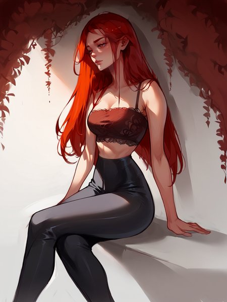 score_9, score_8_up, score_7_up, score_6_up, score_5_up,   <lora:itsyelizXLP:1> itsyeliz,, 1girl, black pants, curvy, long hair, red hair, sitting, lace top