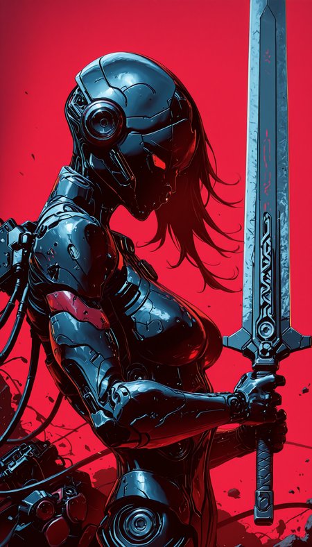holding weapon, fighting stance, holding  buster sword,huge weapon,, WCG-Illu,, kaarea masterpiece, best quality, high quality, ultra-detailed, realistic,  traditional media, vivid_color, high contrast, speed lines, move_effects, action Create a detailed digital artwork of a futuristic humanoid figure. The figure is depicted in a side profile, showcasing a sleek, white and black design with intricate mechanical details. The background is a vivid red, which contrasts sharply with the figure's white and black colors, emphasizing its form and the mechanical elements. The style should reflect a sci-fi or cyberpunk aesthetic, with a focus on high-tech elements and a sense of advanced technology. 1girl, solo, breasts, simple_background, upper_body, from_side, no_humans, robot, red_background, science_fiction, cable, joints, robot_joints, mechanical_parts, humanoid_robot,    holding weapon, fighting stance, holding  buster sword,huge weapon,, WCG-Illu,, kaarea
