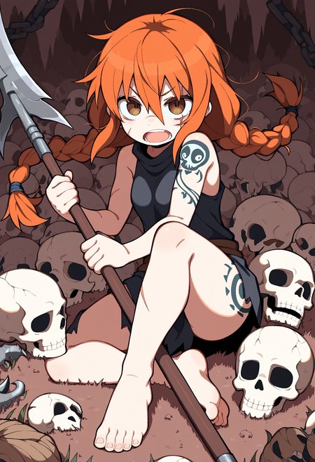 masterpiece,best quality,amazing quality,
1girl, weapon, braid, solo, barefoot, twin braids, open mouth, skull, holding, holding weapon, long hair, looking at viewer, tattoo, bodypaint, brown hair, brown eyes, hair between eyes, scar, polearm, orange hair,
<lora:AverageHanzo_epoch_10:1>