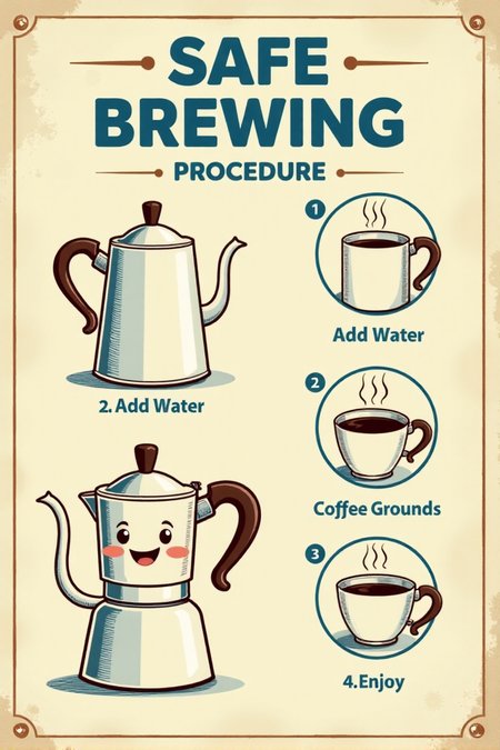 "Visualize a vintage informational safety sign featuring a friendly cartoon coffee pot with a spout that's winking. Next to it are simple step-by-step illustrations showing how to safely operate a vintage percolator: 1. Add Water, 2. Add Coffee Grounds, 3. Plug In, 4. Enjoy! The sign reads in neat blue lettering on a cream background: 'SAFE COFFEE BREWING PROCEDURE.' The cartoon style should be clean and instructional, like a page from an old appliance manual, with clear line drawings and minimal shading. Include small details like arrows pointing to the different parts of the coffee maker. 8k resolution, vintage instructional diagram style, helpful and easy to follow, providing clear instructions for safe coffee preparation."  <lora:REMEs_War_Poster_Style:0.95> In REME's War Poster Style,âââ