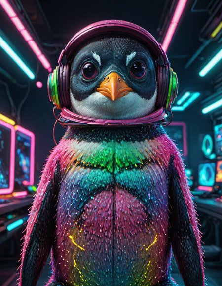 (ombre color scheme of neon pink, neon blue, neon green, neon yellow, neon yellow-red) (in the style of Zdzislaw Beksinski:1.2) (cute:1.4) (anime penguin:1.6) wearing a space helmet sitting at command chair with the lights of the consoles behind, in the style of sci - fi environments, glo - fi, aesthetic, comic, beeple, space background <lora:another-bored-particle:0.55>  <lora:add-detail-XL:0.65>, subsurface scattering, ultra hd, 4k, high def, Photorealistic, Hyperrealistic, Hyper detailed, analog style, realistic, masterpiece, best quality, ultra realistic, 8k, Intricate, High Detail, film photography, soft lighting,  heavy shadow