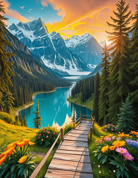 A breathtaking, high-resolution photograph of the most beautiful place on Earth, where natureâs wonders blend in perfect harmony. Towering, snow-capped mountains rise majestically in the background, their peaks glowing under the golden hues of a setting sun. Below, a crystal-clear turquoise lake reflects the colors of the sky, surrounded by lush, green forests filled with ancient trees, vibrant wildflowers, and cascading waterfalls. A soft mist rises from the valley, adding a dreamlike quality to the scene. In the distance, rolling meadows stretch toward the horizon, dotted with colorful flowers and serene wildlifeâgraceful deer grazing, birds soaring in the sky, and butterflies dancing in the breeze. A wooden footpath winds through the landscape, leading to a secluded, tranquil spot where the beauty of nature can be fully admired. The air is crisp and filled with the soothing sounds of rustling leaves, flowing water, and distant birdsong. The sky above is a masterpiece of colorsâdeep oranges, purples, and pinks blending seamlessly as the sun sets, casting a magical glow over this untouched paradise. The atmosphere is peaceful, awe-inspiring, and filled with a deep sense of wonder and tranquility, as if stepping into a perfect dream.
<lora:SDXLFaeTastic2400:0.4> <lora:extremely_detailed:0.4> extremely detailed,Earth P4r4d1s3, <lora:Earth_P4r4d1s3-i:1>, Masterpiece,best quality,hi res,8k,hi res,8k,award winning,(sharp focus, intricate, highly detailed),