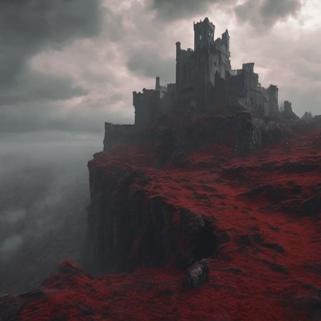 啎䥃佄䔀gigantic city ruins castle into the sky, red moss and creepers grow in the cracks. rain, mist and fog, dark forbidding sky, sunlight filters through the clouds, high definition, 4k. mist has a thin layer of blood red in it.