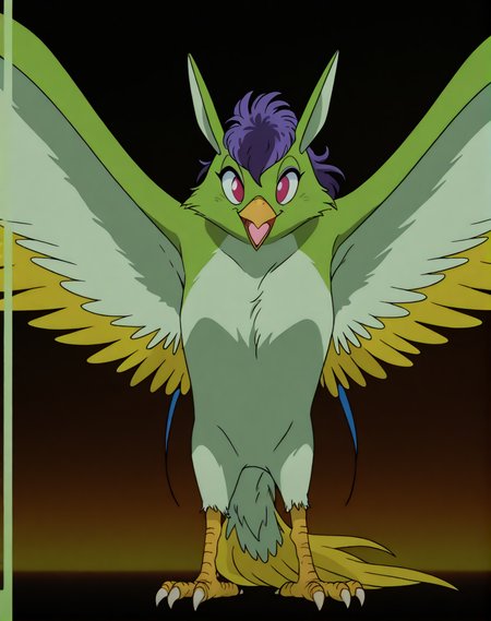 masterpiece, best quality, amazing quality, very aesthetic, absurdres, newest, volumetric lighting, directional lighting, vector art, lineart, vector graphics, detailed background,  solo,feral, murugu, bird,  big head, gradient background, full body ,  cute, open mouth, sexy evil smile expression, standing view from below, spread wings,  <lora:Murugu_Bird_XL IL:1><lora:Anime_Screencap:1> anime coloring