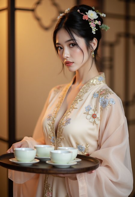 close up of a A graceful Chinese lady-in-waiting, captured in a realistic style. She wears a traditional yet revealing dress  in soft pastel hues, adorned with intricate floral embroidery and golden threadwork. Her dark hair is styled in a refined updo with jade hairpins and delicate blossoms. She gently serves a tray of tea to the viewer. Her expression is serene, with a calm focus on her task. The background suggests an elegant palace setting with traditional wooden screens and subtle floral arrangements. Warm, soft lighting casts a gentle glow on her, enhancing her composed demeanor. The scene exudes an aura of grace and quiet elegance, reflecting her refined role and skill within the palace life.
 <lora:aidmaHyperRealismV0.2:1> aidmahyperrealism <lora:anime_martzv2:0.6> anime_martz
