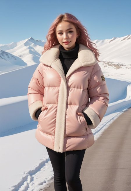 white Oversized shearling padded down jacket, white Oversized shearling padded puffer jacket, white Oversized shearling padded down coat, white Oversized shearling padded puffer coat, Oversized shearling padded winter clothes, very very cold, realistic, feet out of frame, standing, walking, 1girl, solo, masterpiece, illustration, beautiful detailed sky, beautiful-detailed eyes, eyeliner, eyelashes, arrogant, half-closed eyes, condescending look, condescending satisfied look, condescending light smile, seductive look, lookng at viewer, cinematic light, ultra detailed, disheveled hair, pink hair, long hair, light blue eyes, curly hair, pink choker, bracelet, wet, day, sky, sunlight, (pressure sherpa cuffs:1.8), (pressure sherpa collar:1.8), (Thick padded cuffs:1.4), (Thick padded collar:1.4), <lora:Collar-SDXL:0.75>, <lora:Cuffs-SDXL:0.75>, <lora:fashion_lora:0.6>