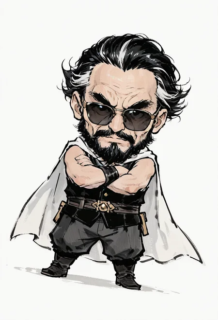 1boy, old man, white cape, chibi, sunglasses, white background, male focus, black hair, streaked hair, full body, male focus, thick eyebrows, beard,
BREAK
spread fingers,palms towards viewer, crossed arms, dancing, dutch angle, black vest, sleeveless,
BREAK
best quality, masterpiece, very aesthetic, absurdres, highest detailed, very awa, detailed background, <lora:Ink_wash_painting_style_v2.0:0.8>