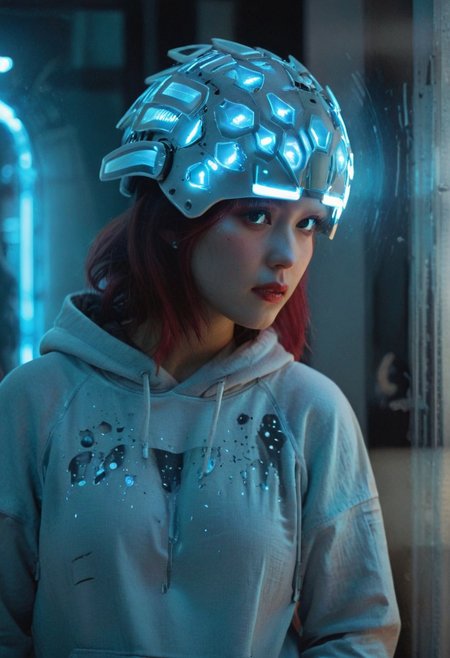 midnight vision, Closeup Portrait, beautiful charming blushed freckled woman wearing a bleaked dark-blue translucent automaton helmet, detailed skin and lips, extreme Face CloseUp, looking at Viewer, intricate translucent technical helmet details, White outworn Cotton hoodie, Large shoulder pads, atmospheric lighting, novuschroma60 style bokeh, The photo features faded colors, with a limited palette of gray, beige, and washed-out red, capturing her cool, striking appearance By night amidst a neon Led lightened neo tokyo.. cinematic composition, soft shadows, national geographic style,