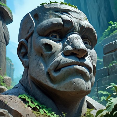 score_9,score_8_up,score_7_up, 
giant rock GOLEM with plants growing on shoulders, rough rocks, rough stone, unpolished, dirty, ancient, STANDING, Moai face, Moai Statue, Moai face,