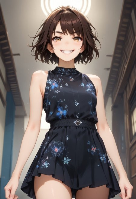 Action Scene, Action Pose, score_9, score_8_up, score_7_up, realistic, masterpiece, best quality, highly detailed, Expressiveh, flushed, Leg, 
1girl, hinase hotaru, (/A Condition Called Love)/, (ultra HD quality details), dark brown hair, short hair, (brown eyes)
Floral, Floral pattern, short gown, gown, sleeveless
 Low Angle View, smug smiling, Bangs, darkness, blushed skin, galaxy vortex, translucent hair, smug Smile,