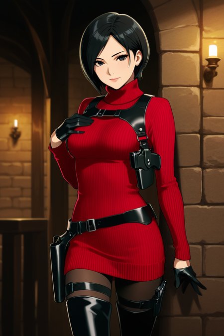 <lora:ada_wong_re_illus:0.7> ada wong, black hair, short hair, black eyes, medium breasts, red sweater, turtleneck, chest harness, pantyhose, black gloves, half gloves, black belt, pistol holster, 1girl, solo, looking at viewer, smile, thighhighs, jewelry,  standing, weapon, boots, belt, black footwear, lips, gun, thigh boots, bob cut, high heel boots, sweater dress, thigh holster, asian, shoulder holster, black thighhighs, anime coloring, pistol holster on belt, medieval cities, more detail, cowboy shot, hand grabbing chest,